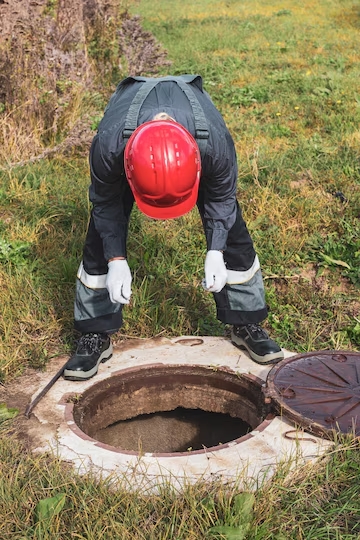 worker-looks-into-septic-sewer-well-checking-water-accumulation-plumbing-work_326821-6265 Green tube inside septic tank, demonstrating the process of expert septic pumping